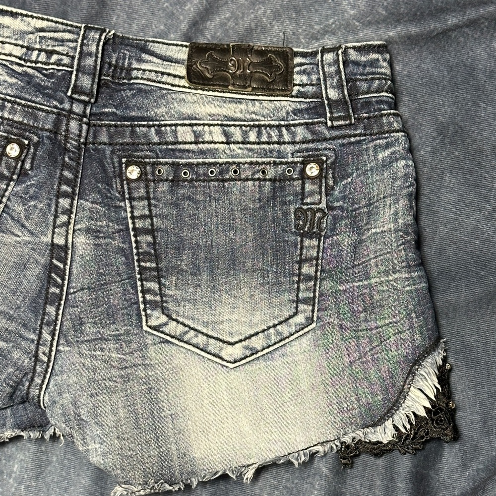 Miss Me Women's Blue Jean Denim Shorts with Black Lace and Bling 30 - Picture 8 of 15